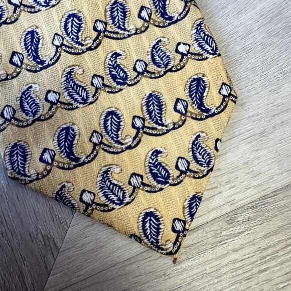 Hickey Freeman Silk Tie Yellow Blue Wave Leaf Scroll Print Vintage 1155 - Picture 4 of 6
